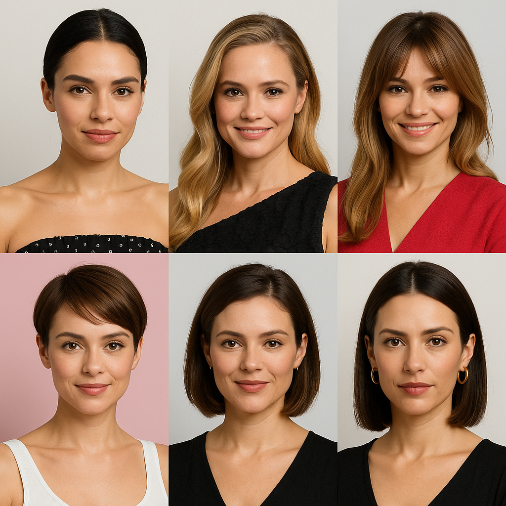 Portrait grid of women with different face shapes, used to illustrate how face shape influences personal style.