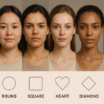 Illustration of different face shapes including oval, round, square, heart, diamond, and oblong